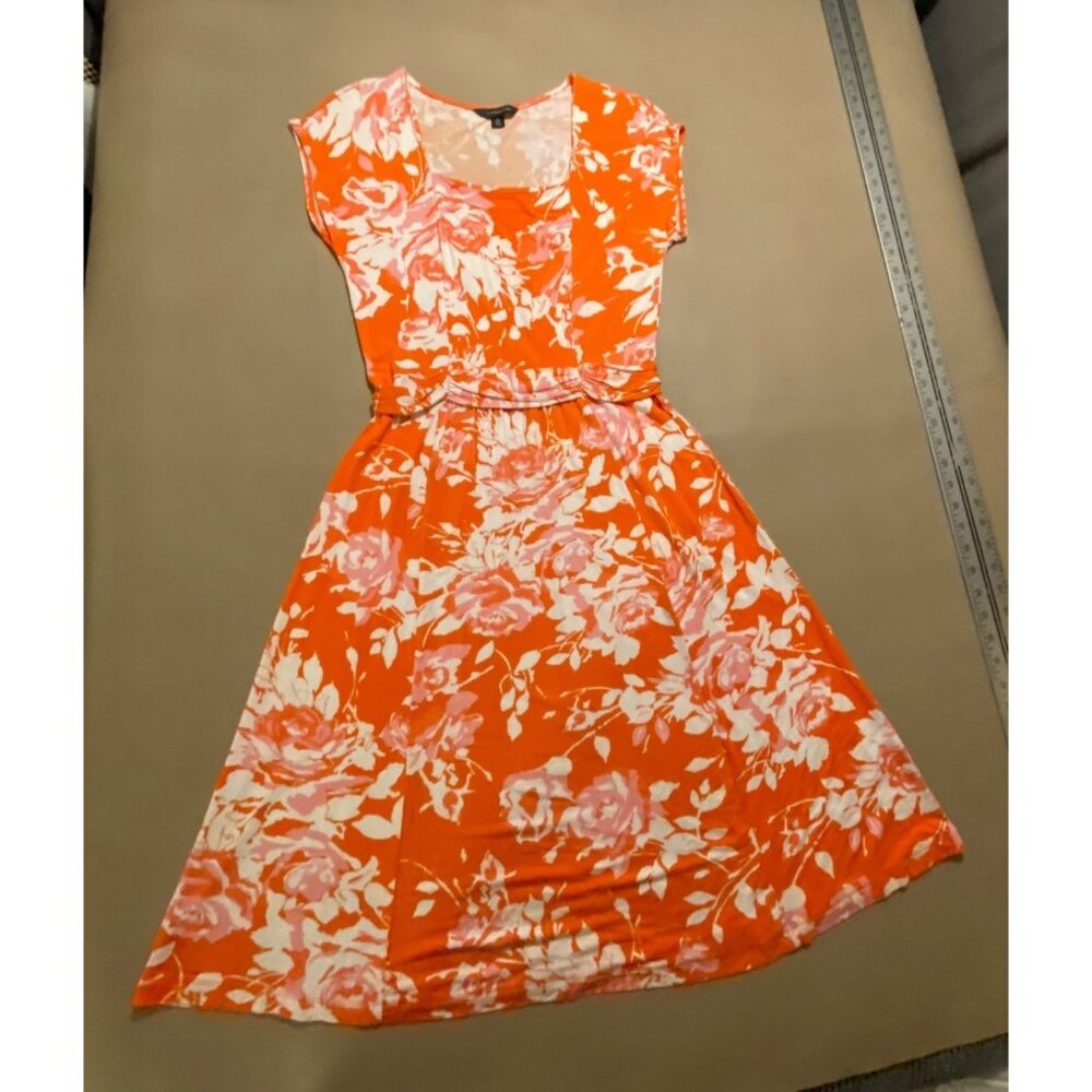 Lands End Floral Short Sleeve Dress Small Orange Pink Flattering Fit Lightweight - Picture 3 of 7